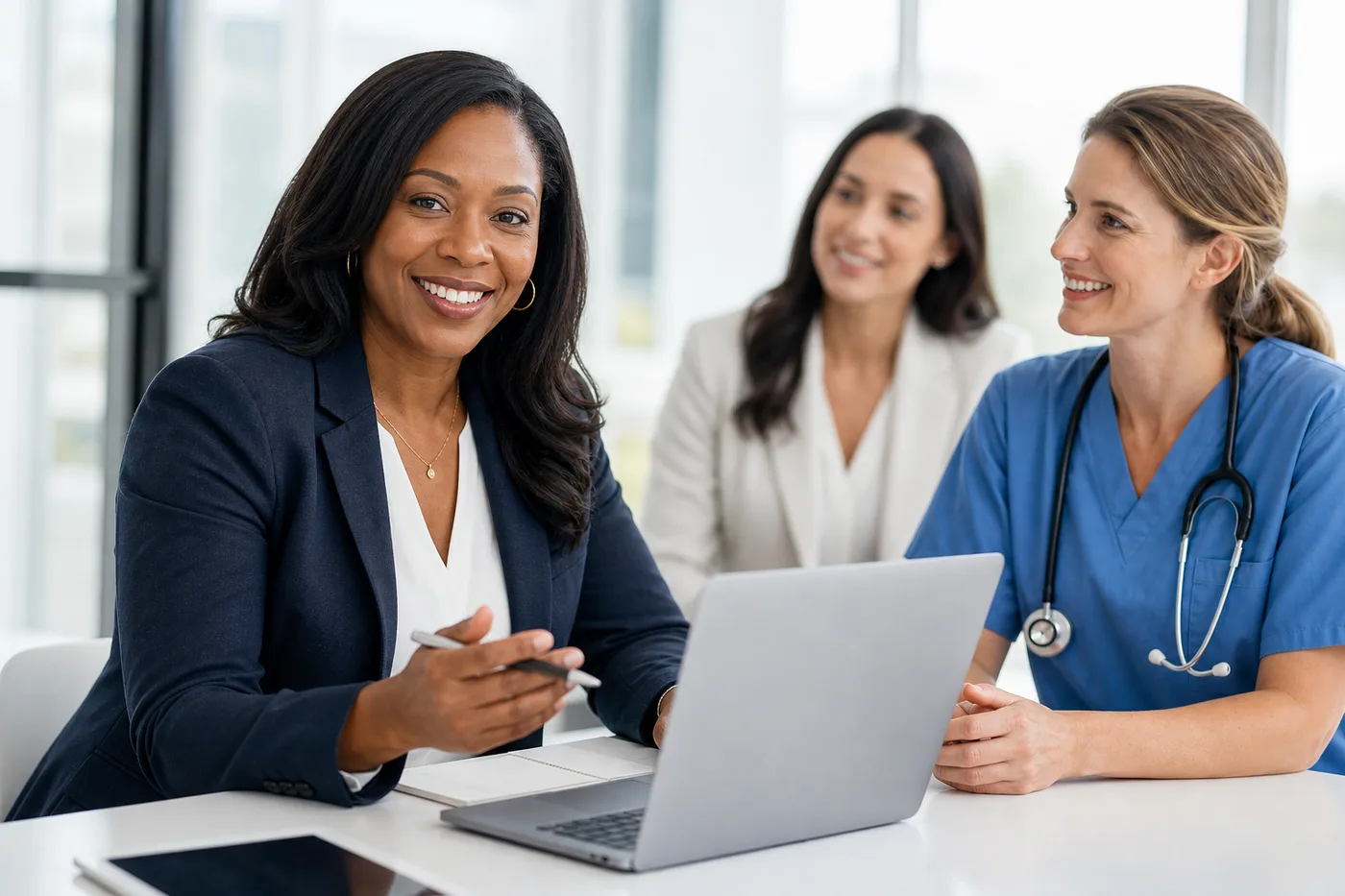 African American healthcare consultant collaborating with a nurse at a laptop